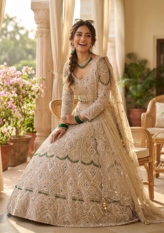 Beige Sequins Net Readymade Lehenga