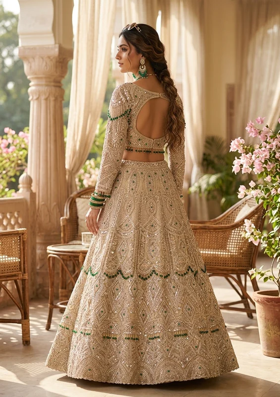 Beige Sequins Net Readymade Lehenga - Image 2