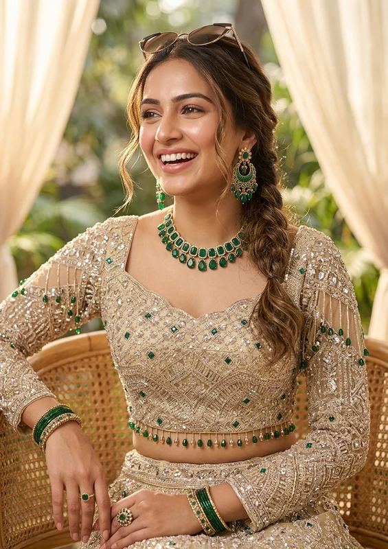 Beige Sequins Net Readymade Lehenga - Image 3