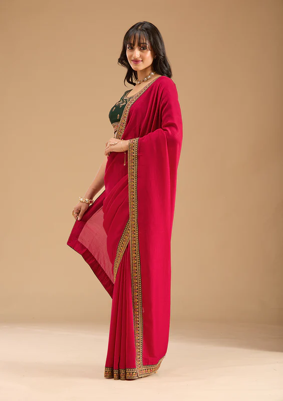 Rani Pink Soft Raw Silk Gold Zariwork Saree With Matching Blouse Piece - Image 3