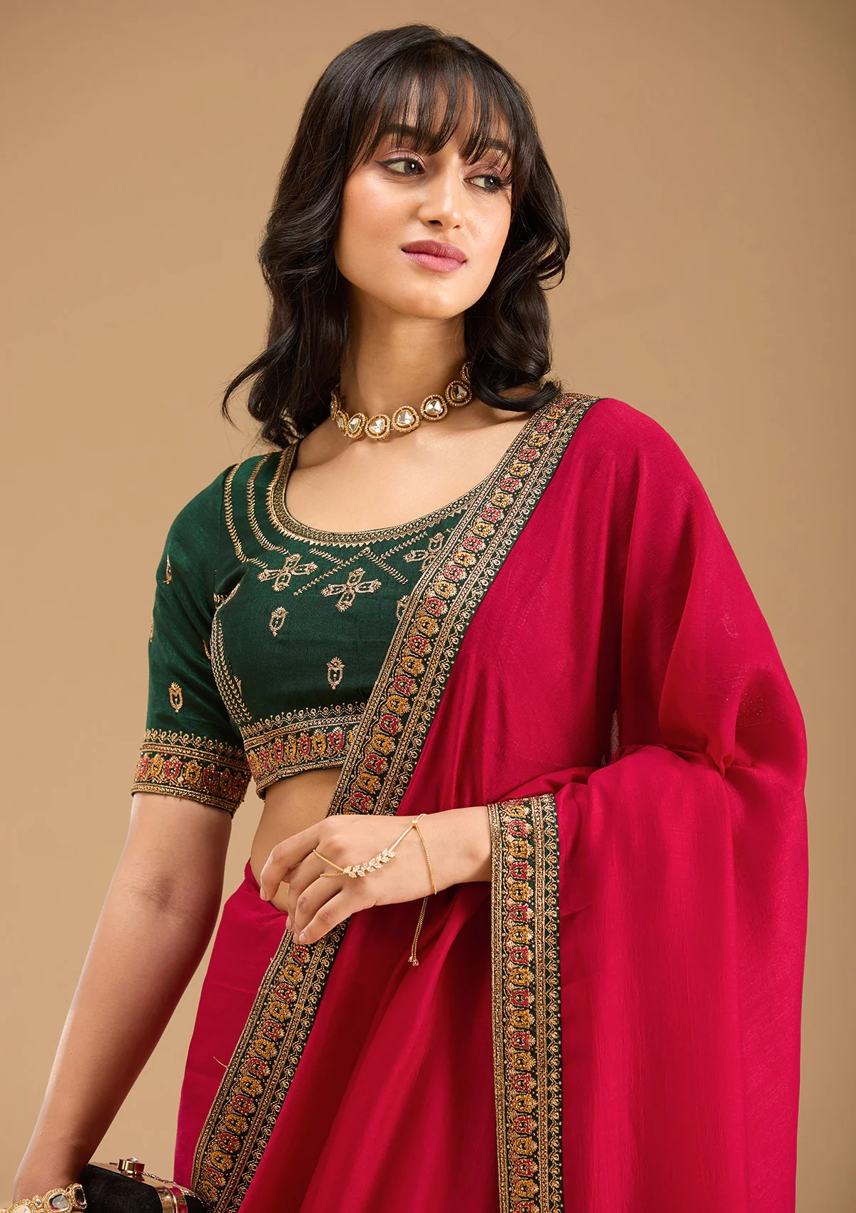 Rani Pink Soft Raw Silk Gold Zariwork Saree With Matching Blouse Piece - Image 2