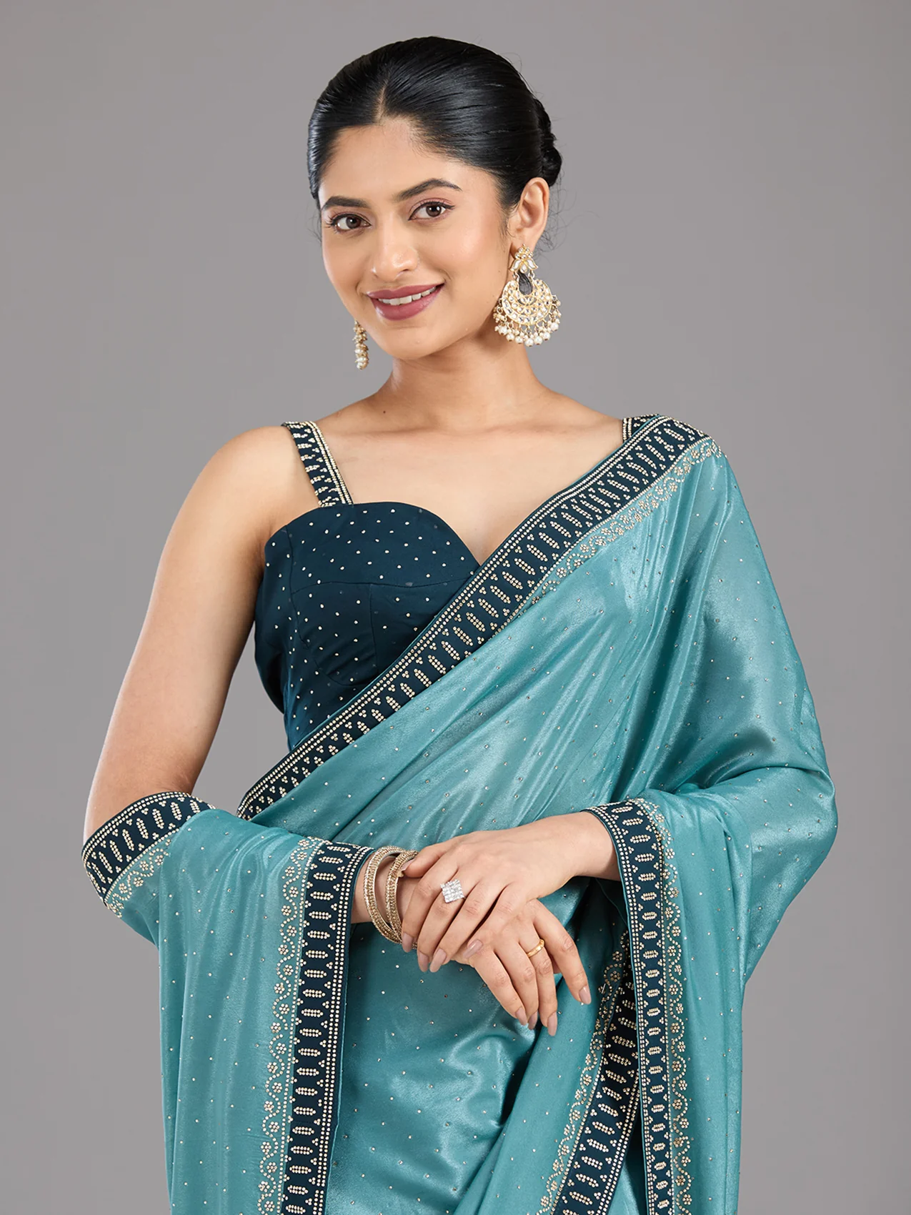 Sea Green Satin Gold Stonework Saree With Matching Blouse Piece - Image 2