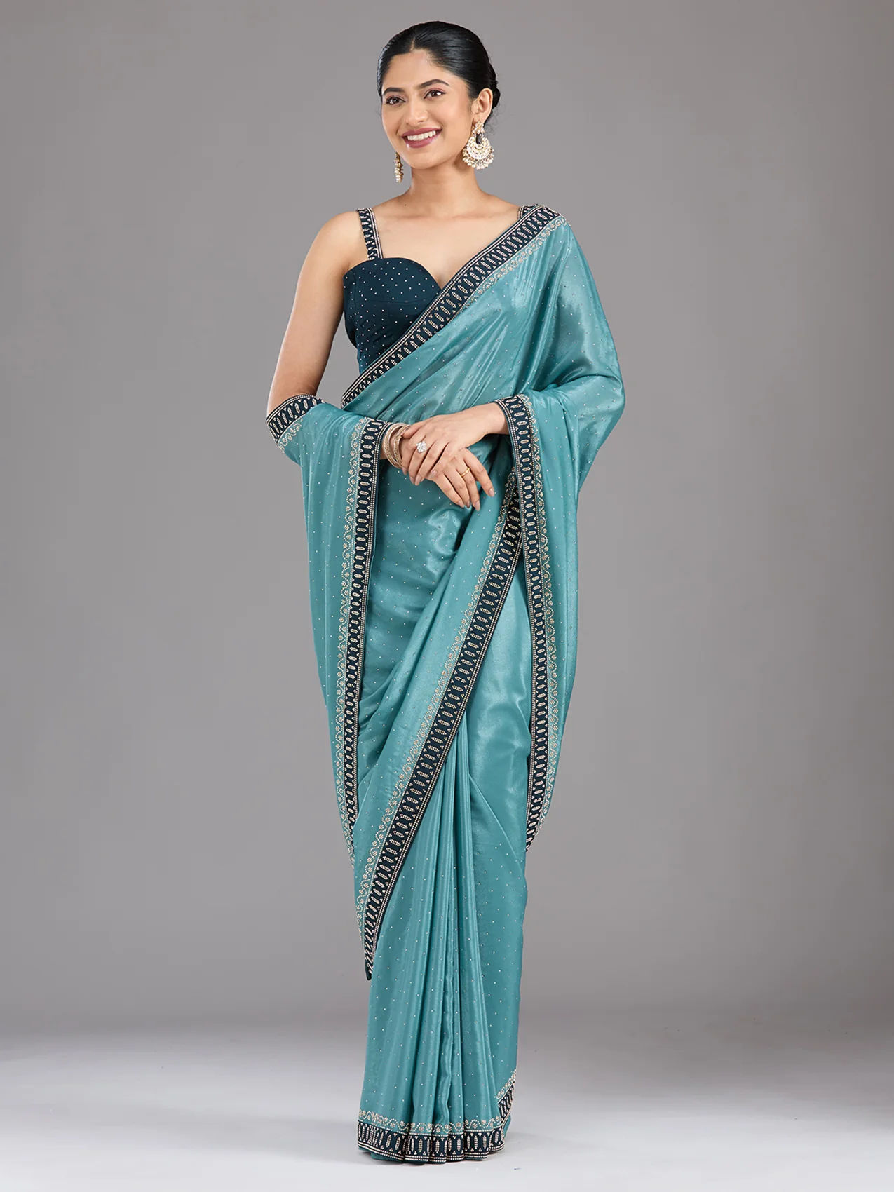 Sea Green Satin Gold Stonework Saree With Matching Blouse Piece