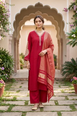 Red Art Silk Cording Straight Kurta With Pant Regular And Dupatta