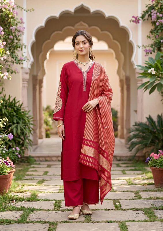 Red Art Silk Cording Straight Kurta With Pant Regular And Dupatta