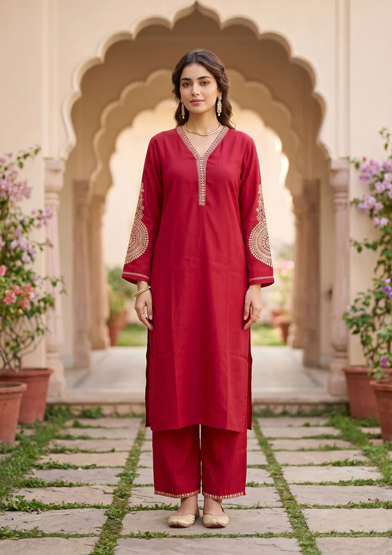 Red Art Silk Cording Straight Kurta With Pant Regular And Dupatta - Image 2